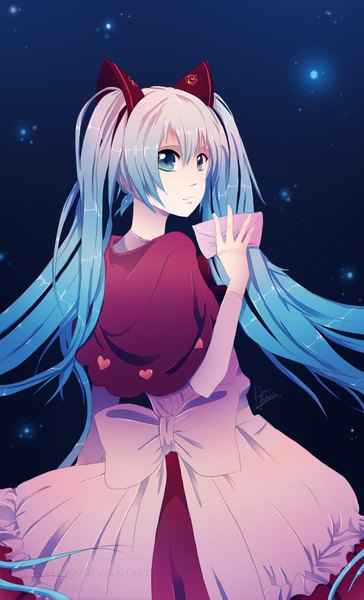 Anime picture 1400x2303 with vocaloid hatsune miku single tall image blue eyes twintails signed blue hair sky very long hair looking back inscription night night sky girl dress letter