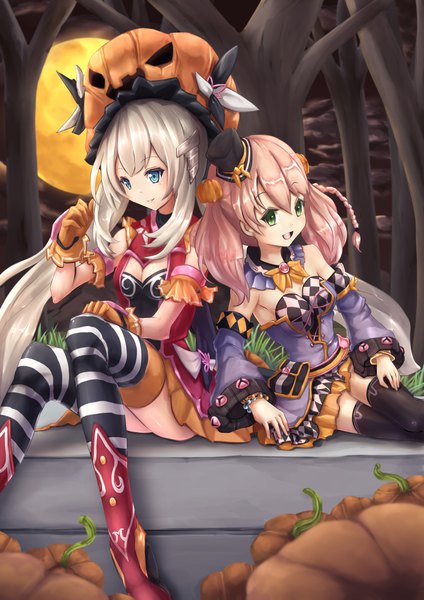 Anime picture 827x1170 with fate (series) fate/grand order atelier (series) atelier escha & logy gust (company) marie antoinette (fate/grand order) escha malier wakaura asaho long hair tall image open mouth blue eyes smile sitting twintails multiple girls green eyes pink hair grey hair halloween