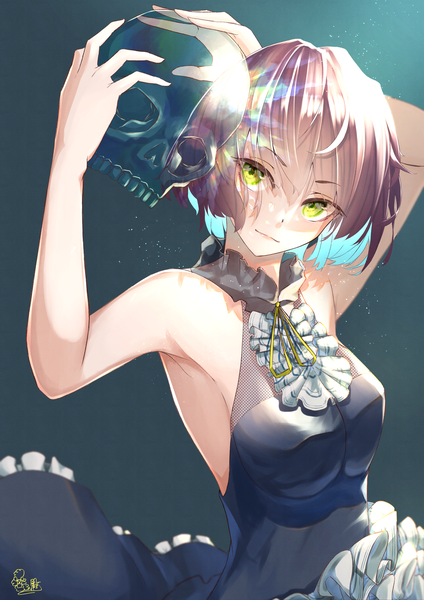Anime picture 2894x4093 with original alpakakkax2 single tall image looking at viewer highres short hair brown hair holding green eyes upper body multicolored hair armpit (armpits) sleeveless dark background colored inner hair transparent girl dress black dress