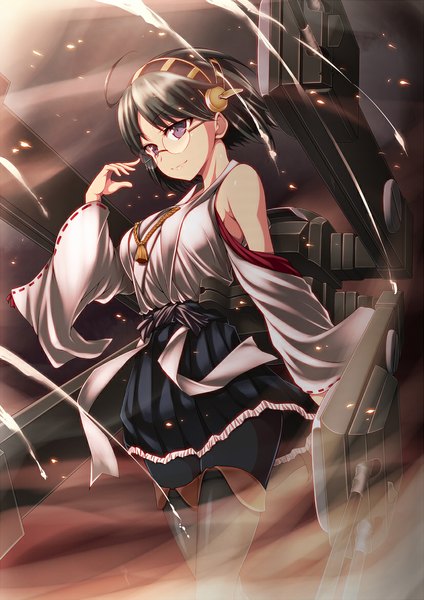 Anime picture 826x1169 with kantai collection kirishima battleship ribucci single tall image short hair black hair purple eyes bare shoulders traditional clothes nontraditional miko girl hair ornament weapon detached sleeves glasses thigh boots