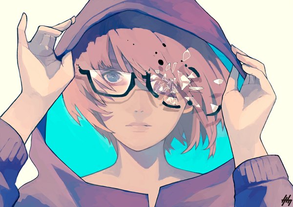 Anime picture 1052x744 with original nanakawa (nanasoon) single looking at viewer fringe short hair blue eyes simple background white background signed pink hair wind hair over one eye arms up portrait adjusting hood girl glasses hood hoodie