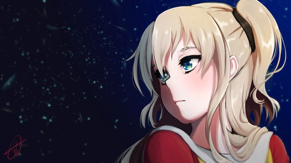 Anime picture 1821x1024 with charlotte p.a. works tomori nao shyua single long hair fringe highres blue eyes blonde hair wide image signed looking away night two side up night sky shaded face face girl star (stars)