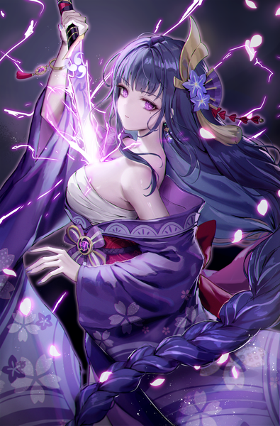 Anime picture 2500x3796 with genshin impact raiden shogun jademoon single long hair tall image looking at viewer fringe highres breasts light erotic standing purple eyes holding purple hair blunt bangs braid (braids) nail polish traditional clothes japanese clothes