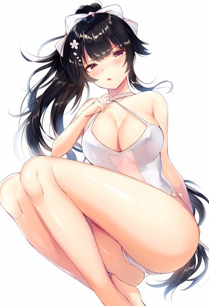 Anime picture 1000x1463 with azur lane takao (azur lane) takao (beach rhapsody) (azur lane) ntk (7t5) single long hair tall image blush fringe breasts light erotic black hair simple background red eyes large breasts white background bent knee (knees) ponytail blunt bangs parted lips