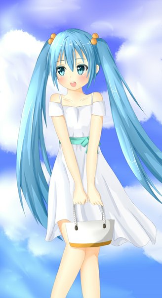 Anime picture 493x900 with vocaloid hatsune miku tear yu single long hair tall image blush fringe open mouth blue eyes twintails blue hair sky cloud (clouds) girl dress white dress bag