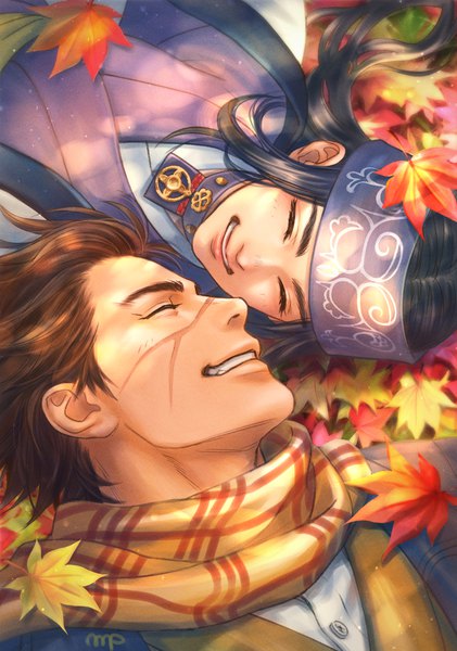 Anime picture 1489x2122 with golden kamuy asirpa sugimoto saichi mprichin long hair tall image short hair black hair smile brown hair traditional clothes happy scar face to face ainu clothes girl boy hairband scarf leaf (leaves)