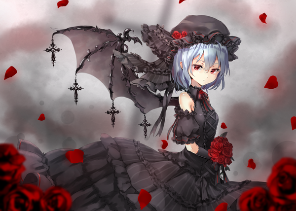 Anime picture 1450x1036 with touhou remilia scarlet shironeko yuuki single looking at viewer blush fringe short hair hair between eyes red eyes holding blue hair blurry grey background puffy sleeves bat wings lolita fashion goth-loli adapted costume alternate wings