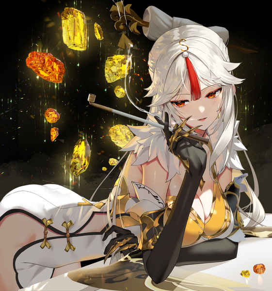 Anime picture 2339x2500 with genshin impact ningguang (genshin impact) scottie (phantom2) single long hair tall image fringe highres breasts light erotic simple background red eyes large breasts holding looking away silver hair traditional clothes head tilt black background chinese clothes