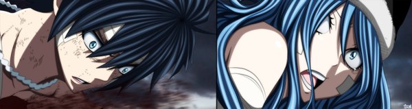 Anime picture 1500x398 with fairy tail gray fullbuster juvia lockser futuretabs long hair short hair open mouth blue eyes black hair wide image blue hair tears coloring multiview bandaid on face girl boy cap bandaid