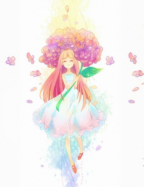 Anime picture 1000x1300 with kaminary single long hair tall image fringe simple background white background holding eyes closed very long hair orange hair happy girl dress flower (flowers) plant (plants)
