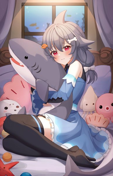 Anime picture 1322x2048 with virtual youtuber prism project mako sameshima gya (144) single long hair tall image looking at viewer blush fringe hair between eyes red eyes sitting indoors tail long sleeves animal tail grey hair mole wide sleeves