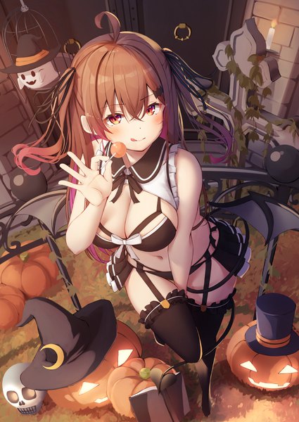 Anime picture 752x1062 with original nyan (reinyan 007) single long hair tall image looking at viewer blush fringe light erotic smile hair between eyes red eyes brown hair ahoge multicolored hair from above two side up halloween colored inner hair ghost