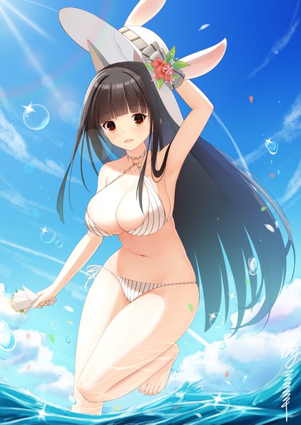 Anime picture 1600x2259 with warship girls r akagi (warship girls r) laoan single long hair tall image looking at viewer blush fringe breasts open mouth light erotic black hair smile red eyes large breasts standing holding signed animal ears