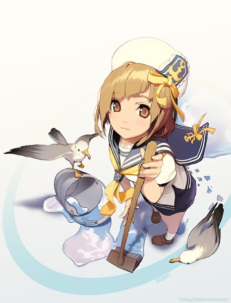 Anime picture 693x908 with original kkuem single tall image looking at viewer fringe short hair simple background brown hair brown eyes from above grey background girl uniform hat animal water serafuku bird (birds) seagull