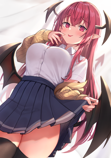Anime picture 1447x2047 with touhou koakuma wowoguni single long hair tall image looking at viewer blush fringe breasts light erotic red eyes large breasts standing red hair tail blunt bangs pleated skirt arm up pointy ears