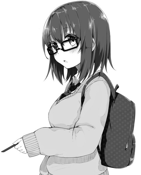 Anime picture 1208x1500 with original kou mashiro single tall image looking at viewer blush fringe short hair open mouth simple background white background holding outstretched arm monochrome girl uniform school uniform shirt glasses necktie