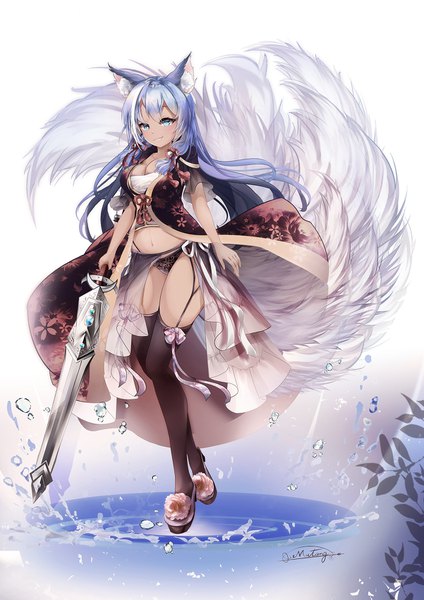 Anime-Bild 1202x1700 mit original mutang single long hair tall image fringe breasts blue eyes light erotic simple background smile white background holding signed animal ears blue hair looking away cleavage full body tail