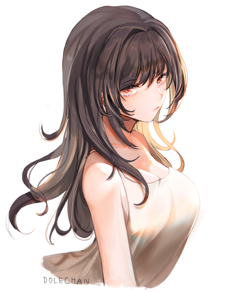 Anime picture 900x1124 with original dolechan single long hair tall image looking at viewer fringe simple background hair between eyes red eyes brown hair white background bare shoulders signed cleavage upper body mole mole under eye girl tank top