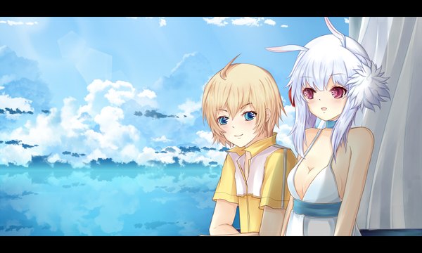 Anime picture 1800x1080 with dusk/dawn looking at viewer blush highres short hair blue eyes blonde hair red eyes wide image animal ears cloud (clouds) white hair couple girl boy sundress