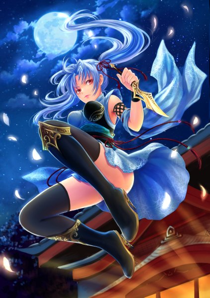 Anime picture 1748x2480 with original syrinxwell311 long hair tall image highres red eyes blue hair cloud (clouds) ponytail traditional clothes girl thighhighs black thighhighs detached sleeves boots moon knife