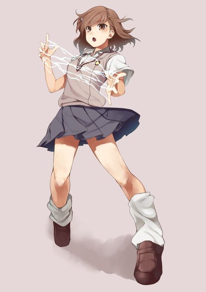 Anime picture 1157x1636 with to aru kagaku no railgun to aru majutsu no index j.c. staff misaka mikoto irohara mitabi single tall image blush short hair open mouth simple background brown hair brown eyes grey background magic lightning biribiri girl uniform school uniform