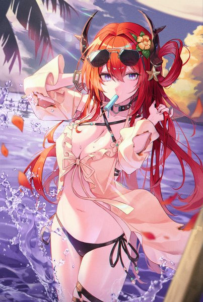 Anime-Bild 1074x1600 mit arknights surtr (arknights) surtr (colorful wonderland) (arknights) fall (aki) single long hair tall image looking at viewer fringe breasts light erotic hair between eyes large breasts standing purple eyes holding sky cleavage cloud (clouds) outdoors