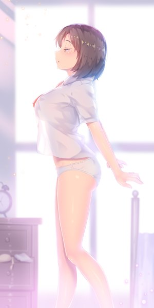 Anime picture 2000x4000 with original a.x. single tall image blush fringe highres short hair breasts open mouth light erotic brown hair large breasts standing looking away indoors profile blurry mole short sleeves