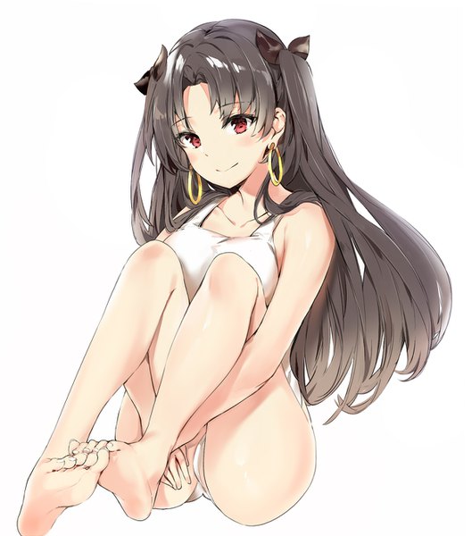 Anime picture 1200x1360 with fate (series) fate/grand order toosaka rin ishtar (fate) silver (chenwen) single long hair tall image looking at viewer fringe light erotic black hair simple background red eyes white background sitting bare shoulders full body bent knee (knees) light smile