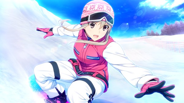Anime picture 1280x720 with niizuma lovely x cation naruse nono iizuki tasuku single long hair fringe open mouth blonde hair wide image purple eyes payot looking away game cg sky cloud (clouds) spread arms snow goggles on head girl gloves