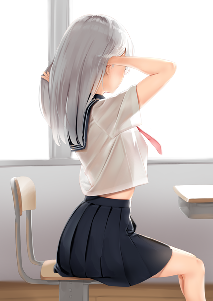 Anime picture 1062x1500 with original reinama single long hair tall image sitting silver hair indoors pleated skirt from behind arms up short sleeves midriff adjusting hair bad proportions girl skirt uniform serafuku window
