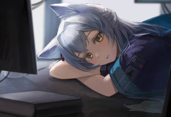 Anime picture 2675x1834 with arknights rosmontis (arknights) tadano tarako single long hair blush highres animal ears yellow eyes silver hair half updo reclining girl book (books)