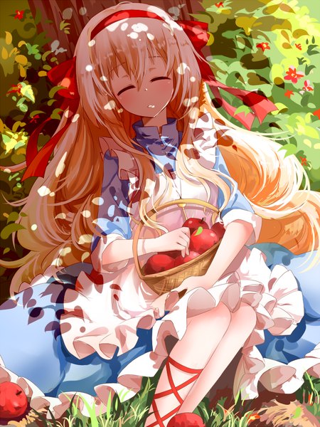 Anime picture 750x1000 with kagerou project shaft (studio) mary (kagerou project) transistor (poppy) single long hair tall image blush blonde hair eyes closed sleeping against tree girl dress hair ornament flower (flowers) ribbon (ribbons) hair ribbon hairband fruit