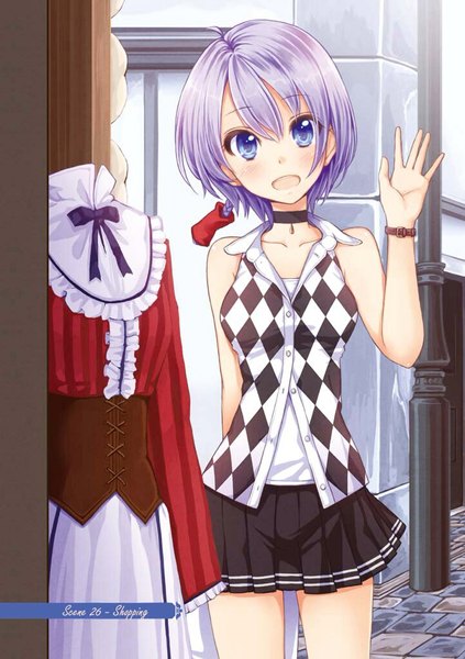 Anime picture 722x1024 with komorebi no kuni (manga) katina (komorebi no kuni) tokunou shoutarou single tall image looking at viewer blush short hair open mouth blue eyes bare shoulders purple hair braid (braids) pleated skirt girl skirt miniskirt choker vest clothes