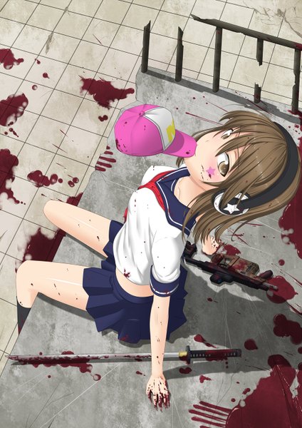 Anime picture 1000x1414 with original kai (link2262) tall image brown hair sitting brown eyes mouth hold looking up face paint girl uniform weapon school uniform sword serafuku headphones blood cap