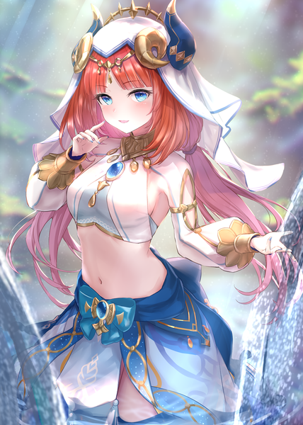 Anime picture 1141x1600 with genshin impact nilou (genshin impact) kachayori single long hair tall image looking at viewer blush fringe breasts open mouth blue eyes light erotic large breasts standing twintails red hair blunt bangs long sleeves nail polish