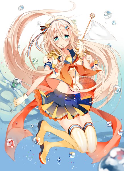 Anime picture 1661x2283 with vocaloid ia (vocaloid) temari (deae) single tall image looking at viewer blush blonde hair green eyes very long hair underwater france girl skirt gloves uniform miniskirt water thigh boots beret