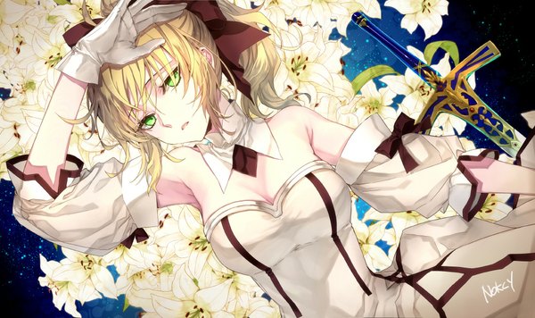 Anime picture 1000x594 with fate (series) fate/unlimited codes type-moon artoria pendragon (all) saber lily ashita single long hair blonde hair wide image green eyes signed looking away ahoge ponytail on back girl dress gloves flower (flowers)