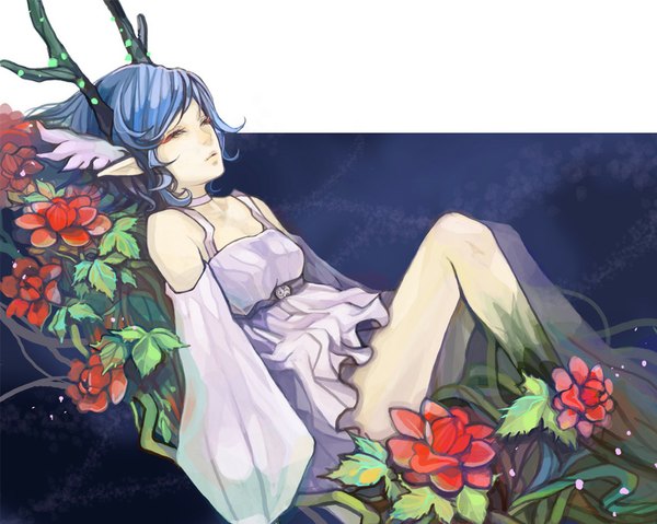 Anime picture 1024x819 with c: the money of soul and possibility control q (control) single short hair bare shoulders blue hair eyes closed horn (horns) pointy ears girl dress flower (flowers) detached sleeves sundress
