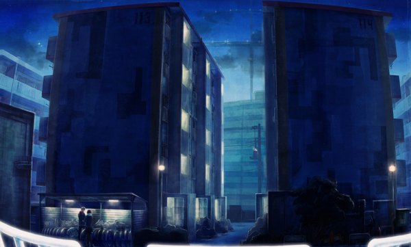 Anime picture 3486x2100 with original kagawa ichigo highres blonde hair brown hair wide image absurdres looking back night couple scarf building (buildings) ground vehicle lantern lamppost bicycle