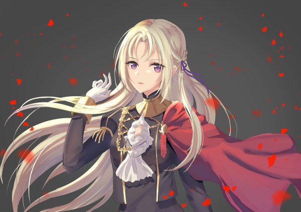 Anime picture 5016x3541 with fire emblem fire emblem: three houses nintendo edelgard von hresvelg 1250591747 single long hair looking at viewer fringe highres simple background standing purple eyes payot absurdres upper body white hair long sleeves arm up grey background