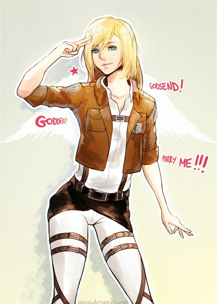 Anime picture 786x1100 with shingeki no kyojin production i.g krista lenz metaa single long hair tall image looking at viewer blue eyes blonde hair simple background standing light smile open clothes open jacket twisty sleeves girl uniform shirt wings