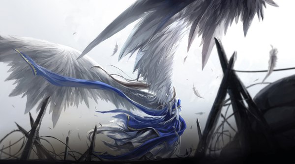 Anime picture 1531x854 with aa megami-sama anime international company belldandy kzcjimmy single long hair wide image silver hair angel wings goddess girl dress wings feather (feathers)