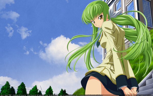 Anime picture 1920x1200 with code geass sunrise (studio) c.c. single looking at viewer fringe highres wide image standing yellow eyes sky cloud (clouds) green hair from behind hands behind back girl uniform ribbon (ribbons) plant (plants) hair ribbon