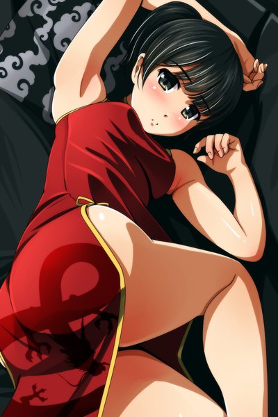 Anime picture 800x1200 with original matsunaga kouyou single tall image looking at viewer blush short hair light erotic black hair lying traditional clothes black eyes bare legs armpit (armpits) chinese clothes girl couch chinese dress