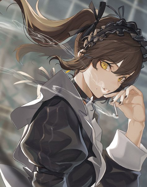 Anime picture 3034x3841 with original marumoru single long hair tall image looking at viewer fringe highres hair between eyes brown hair twintails holding yellow eyes payot absurdres upper body long sleeves nail polish arm up mole