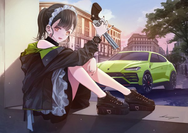 Anime picture 5787x4093 with original lamborghini koh (minagi kou) single looking at viewer fringe highres short hair black hair holding brown eyes signed payot absurdres sky cloud (clouds) full body outdoors ponytail blunt bangs