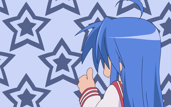 Anime picture 1920x1200 with lucky star kyoto animation izumi konata single long hair highres smile wide image blue hair ahoge from behind back vector thumbs up girl uniform serafuku star (symbol)