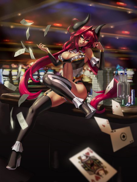 Anime picture 1132x1500 with original tsunoko eu03 single tall image breasts open mouth blue eyes light erotic large breasts sitting twintails cleavage red hair very long hair horn (horns) crossed legs casino platform heels girl