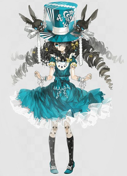 Anime picture 777x1074 with original k ototo (artist) single long hair tall image looking at viewer fringe blue eyes black hair simple background nail polish hair over one eye grey background drill hair girl dress hat animal socks black socks