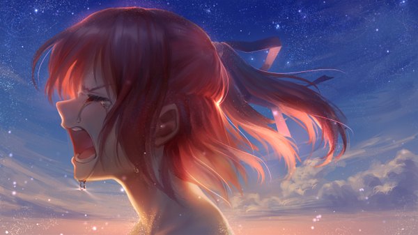 Anime picture 1300x731 with original yuket single fringe short hair open mouth wide image cloud (clouds) upper body ponytail eyes closed profile wind sunlight orange hair night teeth night sky tears crying